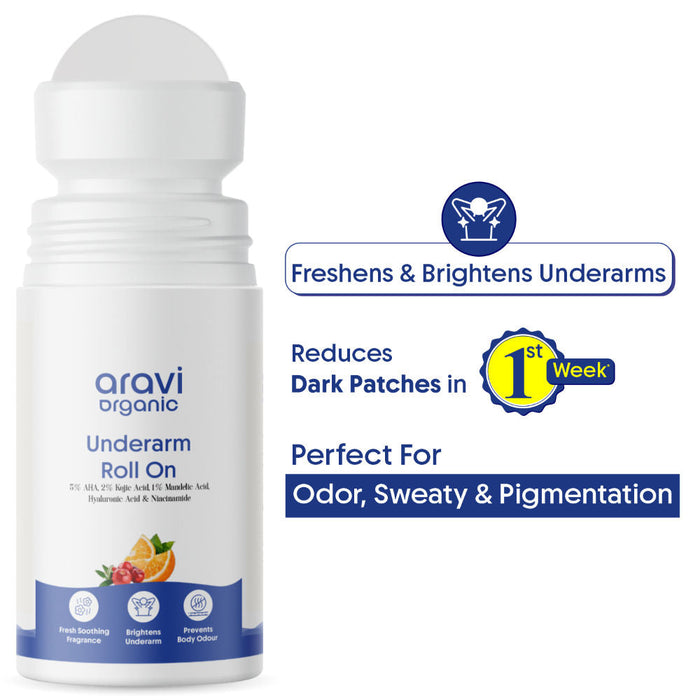 Aravi Organic Underarm Roll On - 5% AHA BHA + Kojic Acid For Dark Pigmentation & Odor Control