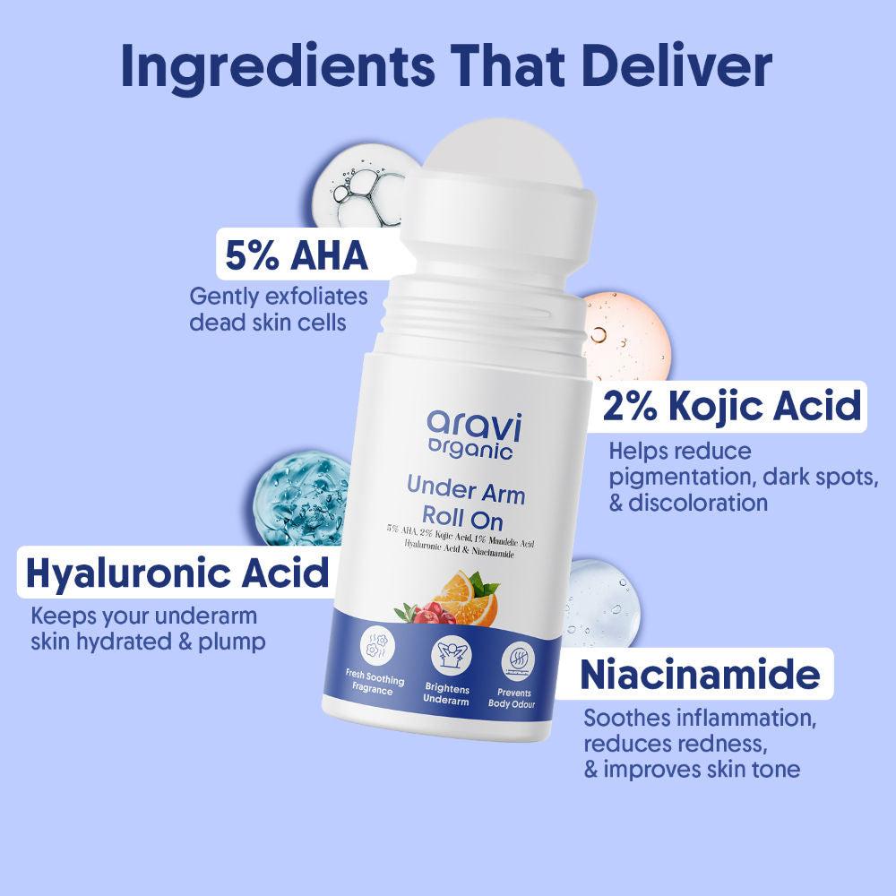 Aravi Organic Underarm Roll On - 5% AHA BHA + Kojic Acid For Dark Pigmentation & Odor Control