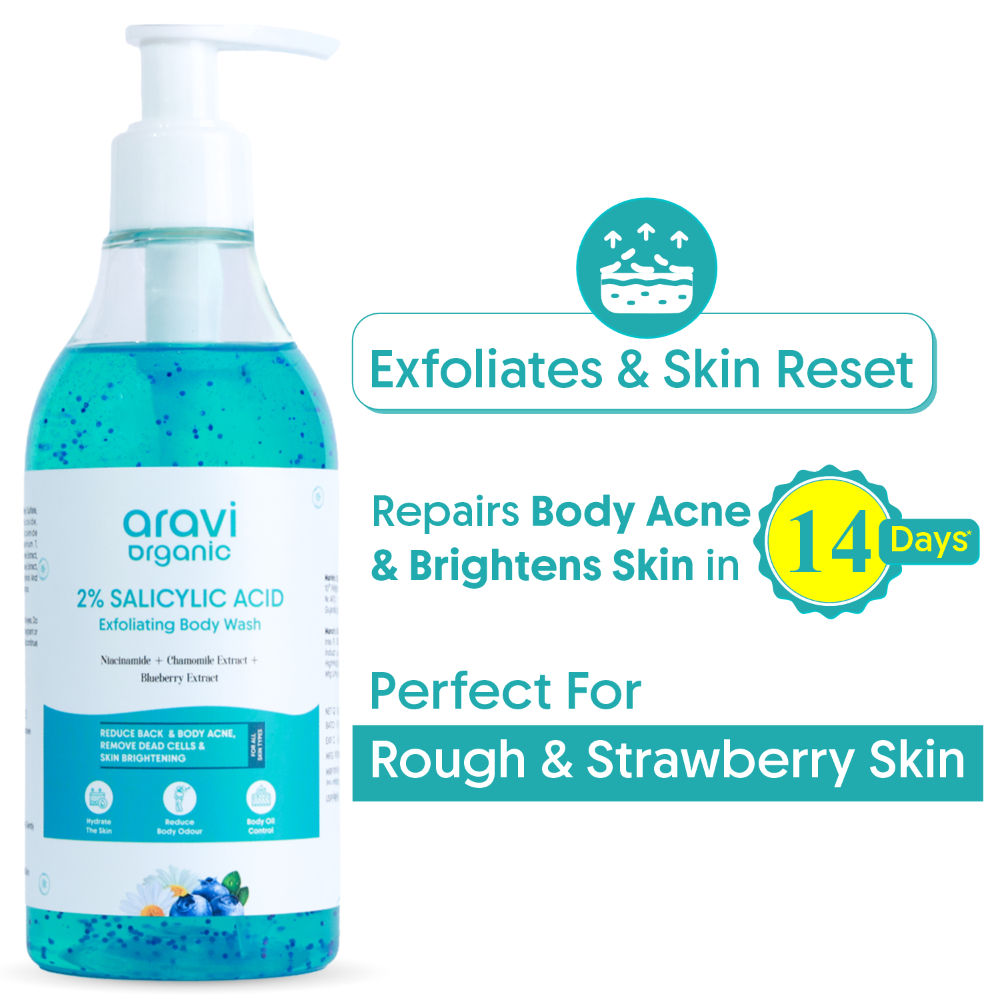 Aravi Organic 2% Salicylic Acid Exfoliating Body Wash - For Tan Removal, Body Acne & Strawberry Skin