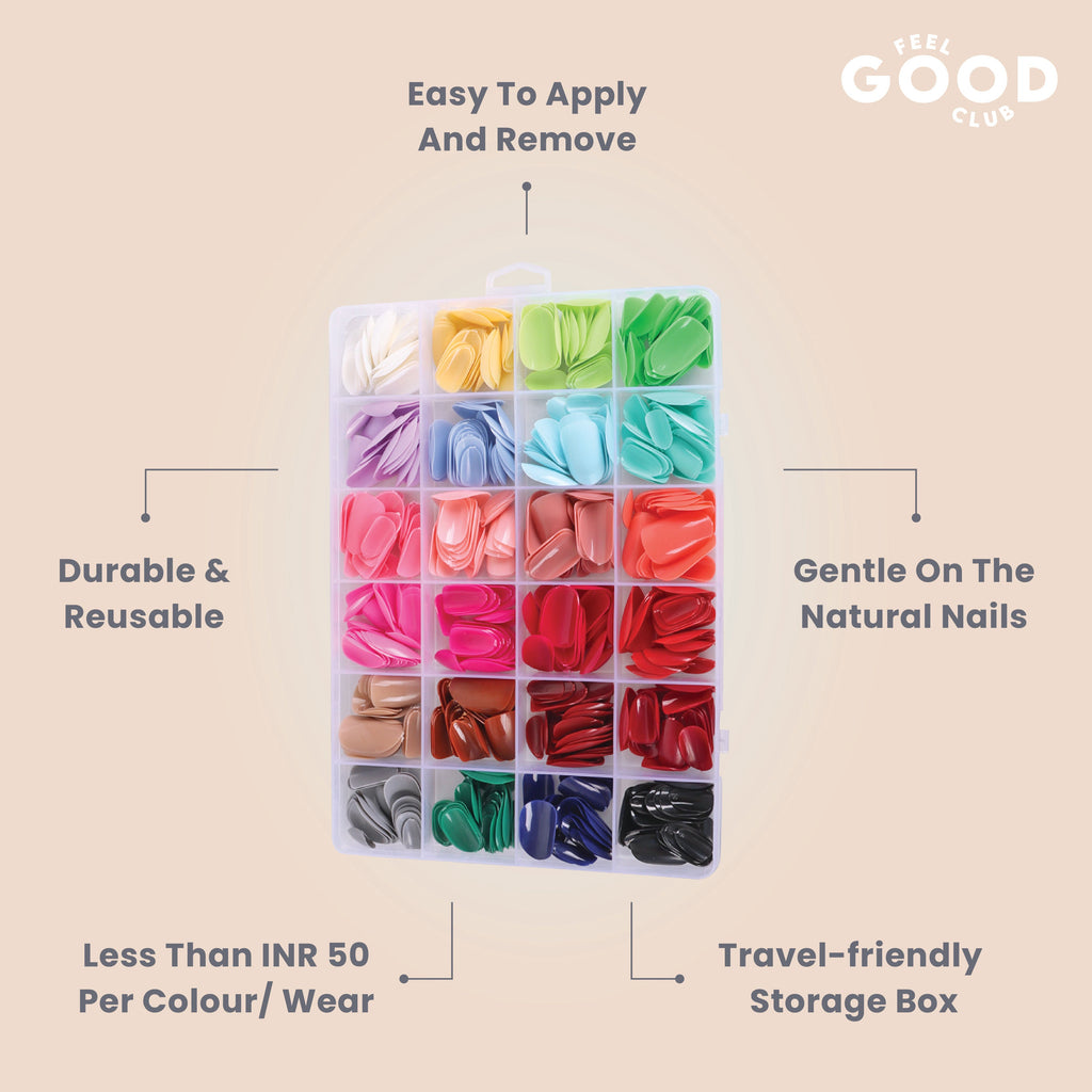 Feel Good Club False Nails - Box Of 576 Pcs Press On/ Fake Nails In 24 Colours (Glue Not Included)