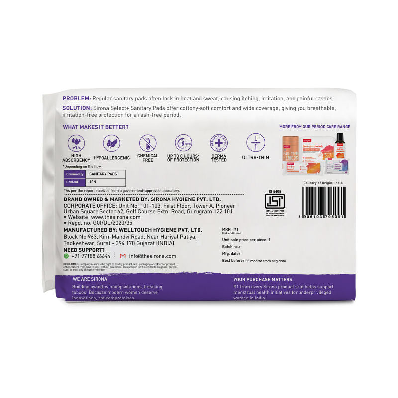 Sirona Cottony Soft Rash Free Sanitary Pads For Women 10 Pcs (Xl+) Ultra Thin & Breathable Top Layer