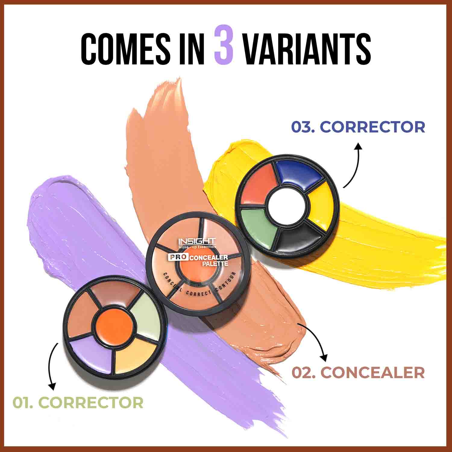 Insight Cosmetics Pro Concealer Palette, 3 In 1 Conceal,Contour & Correct, Long Lasting & Waterproof - Concealer