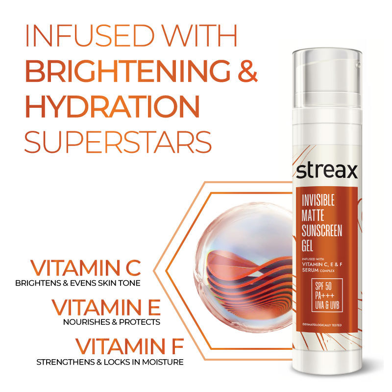 Streax Invisible Matte Gel Sunscreen SPF 50 Pa+++, For Glowing Skin, No White Cast & Non-Greasy