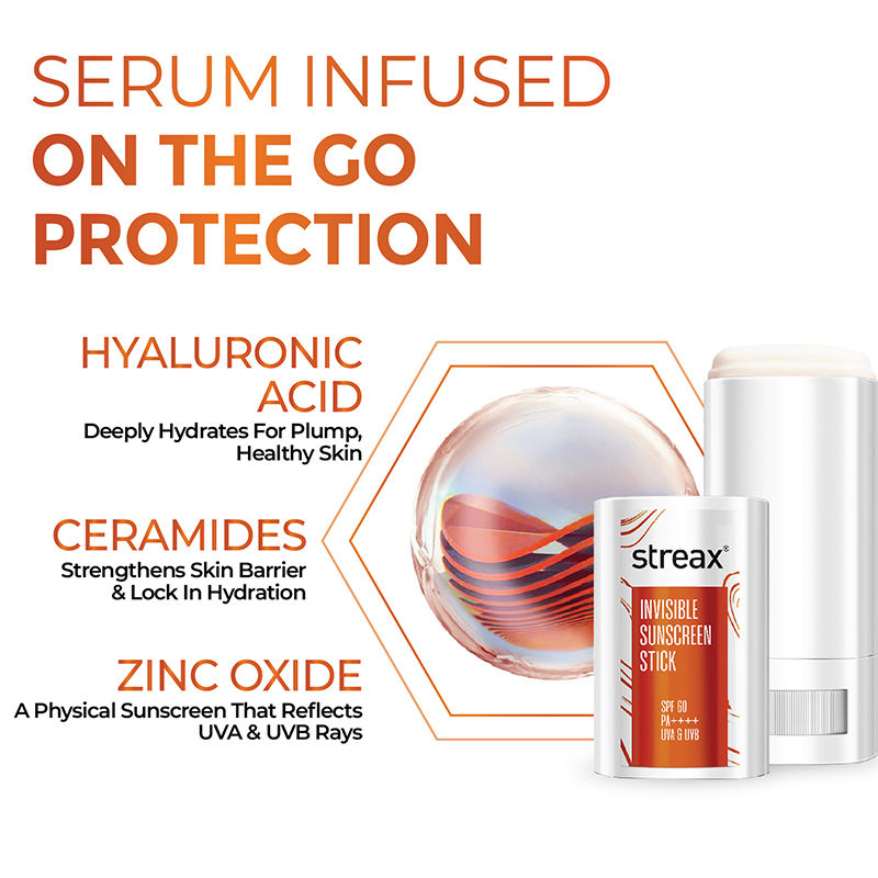 Streax Sunscreen Stick SPF 60 Pa++++, Travel-Friendly, Easy Reapplication & No White Cast Color