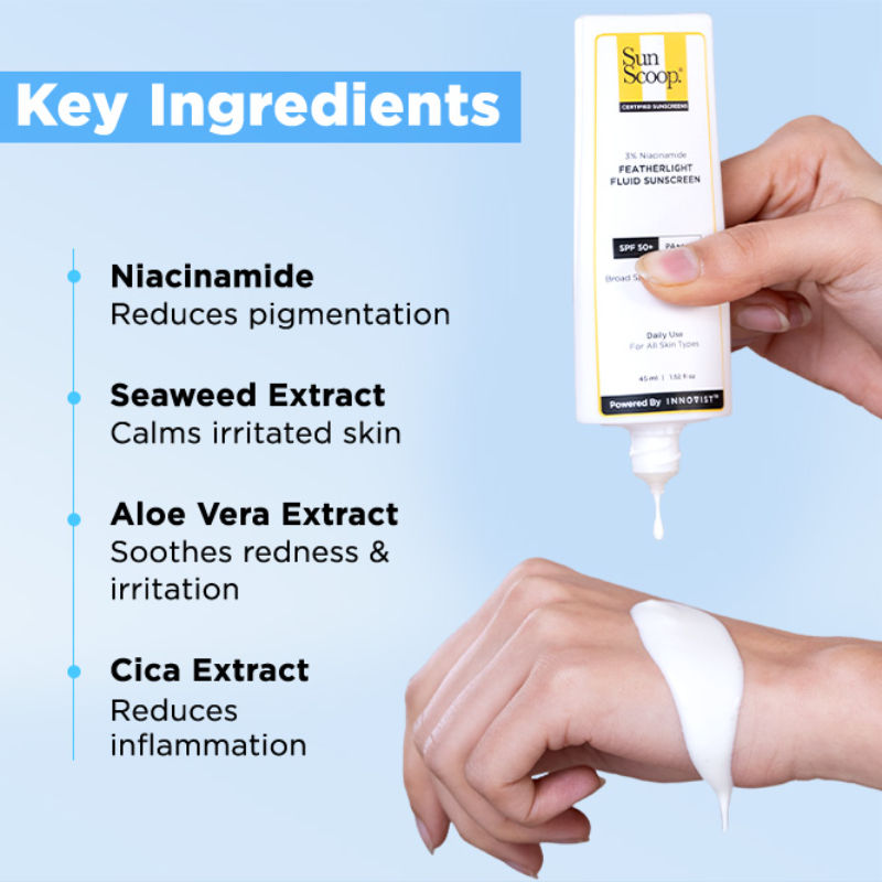 SunScoop 3% Niacinamide Fluid Sunscreen| SPF 50+ PA++++ Lightweight In-Vivo Tested Non-Greasy