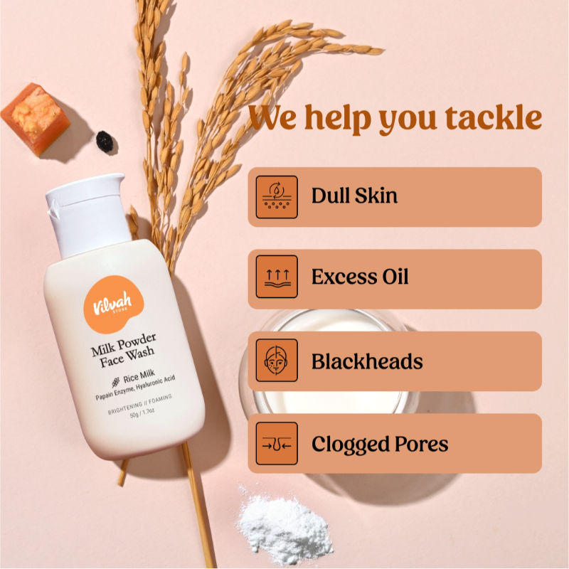 Vilvah Milk Powder Face Wash For Deep Cleansing With Rice Milk, Papain Enzymes & Hyaluronic Acid