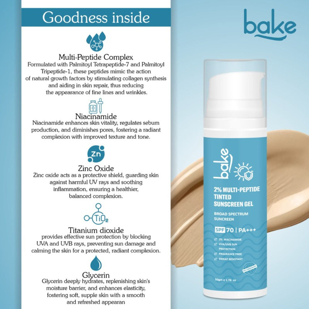 BAKE 2% Multi Peptide Tinted Sunscreen SPF 70 PA+++ For Broad Spectrum Sunscreen