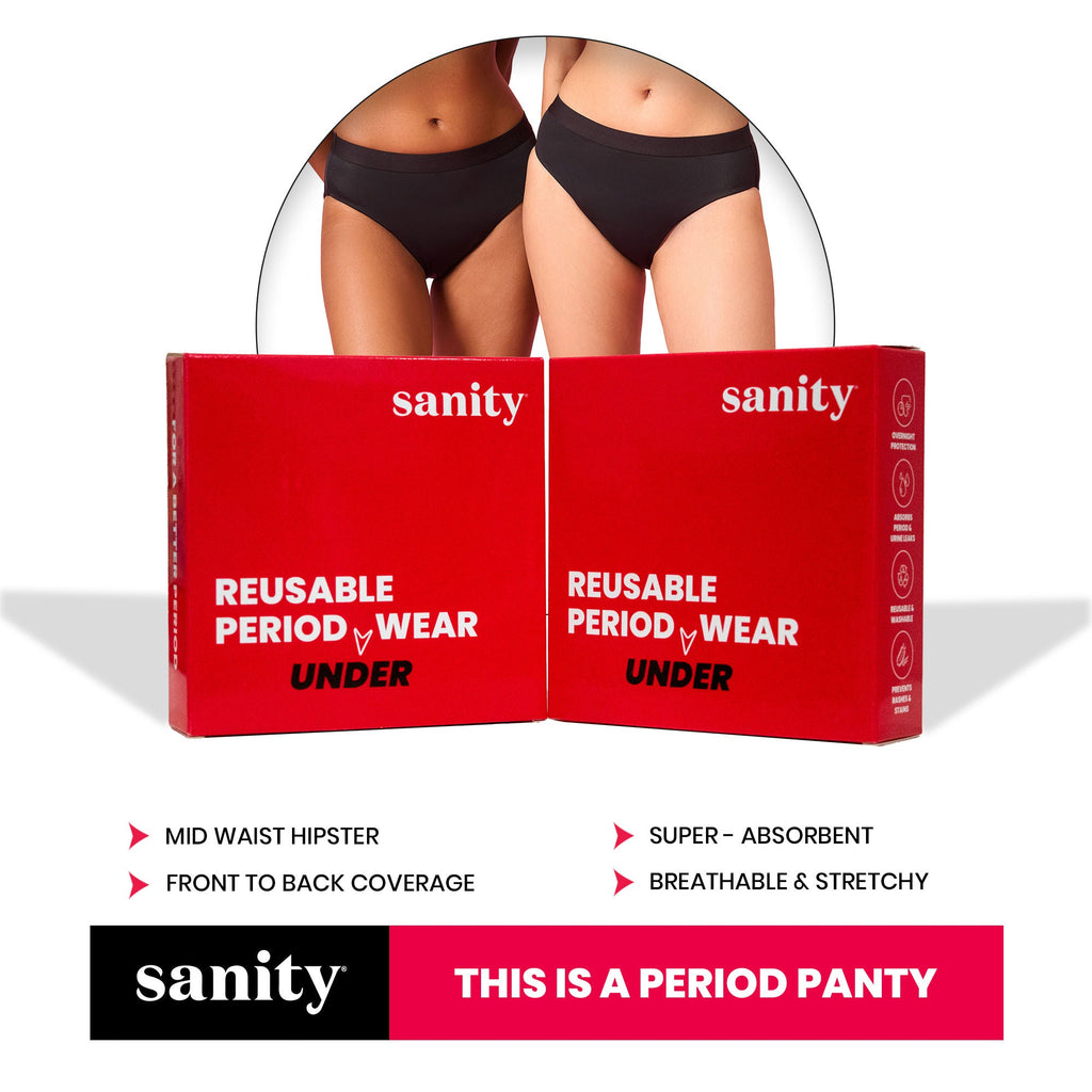 Sanity Mid Rise Hipster, Leakproof and Reusable Black Period Panties - Size S