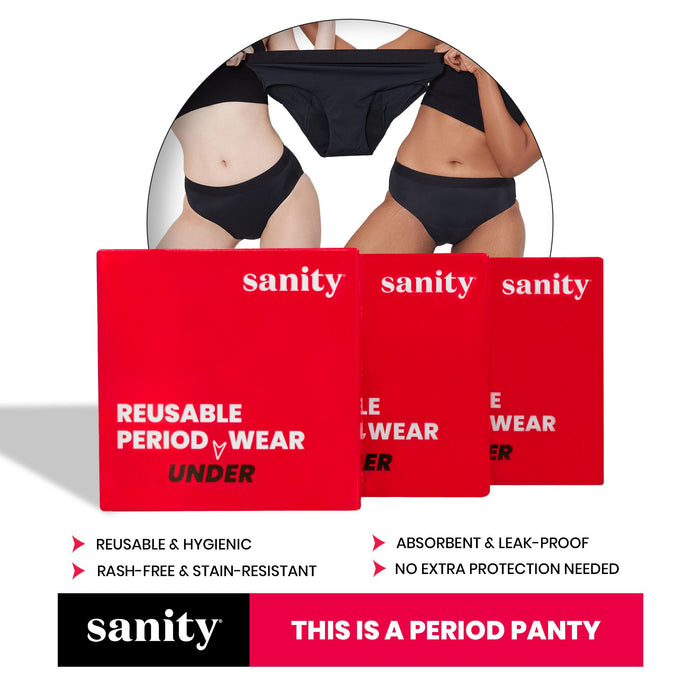Sanity Mid Rise Hipster, Leakproof and Reusable Black Period Panties - Size S