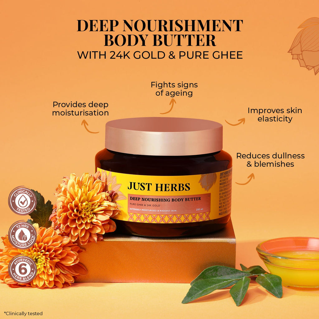 Just Herbs Pure Ghee 24K Gold Anti Ageing Body Butter Cream For Deep Moisturised Skin