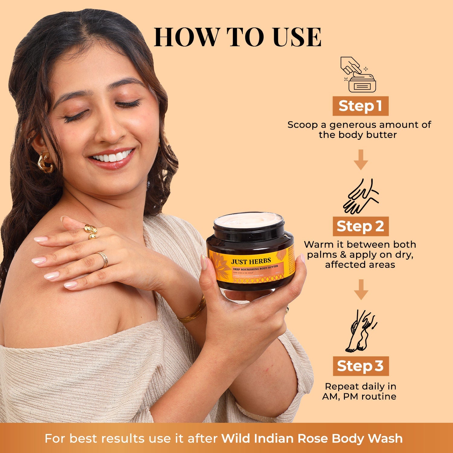 Just Herbs Pure Ghee 24K Gold Anti Ageing Body Butter Cream For Deep Moisturised Skin