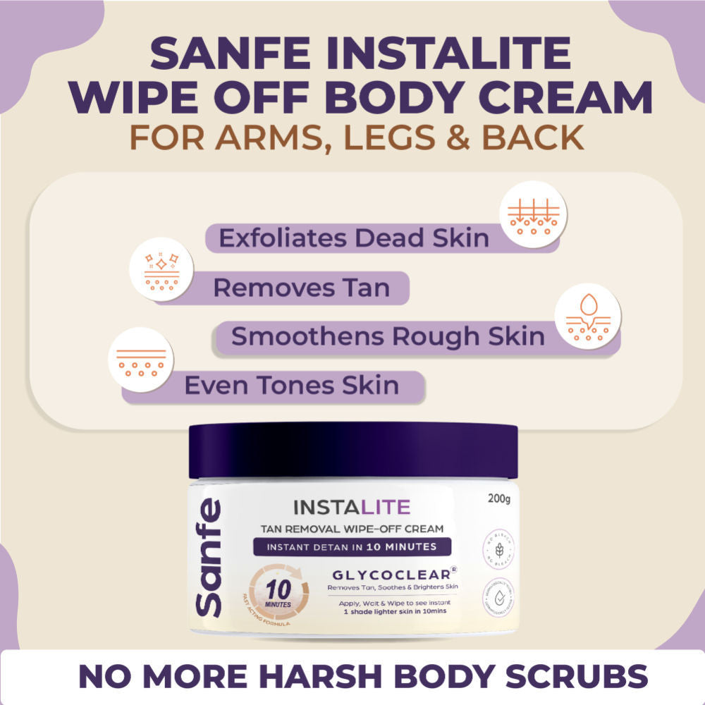 Sanfe Instalite Detan Wipe Off Body Cream, Tan Removal Detan Cream, 0.5% Kojic Acid & 0.3% Arbutin