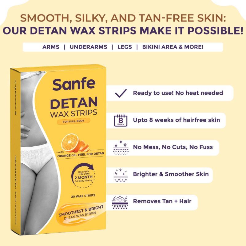 Sanfe Detan Wax Strips, Effortlessly Removes Tan And Body Hair, Enjoy Smooth, Radiant Skin
