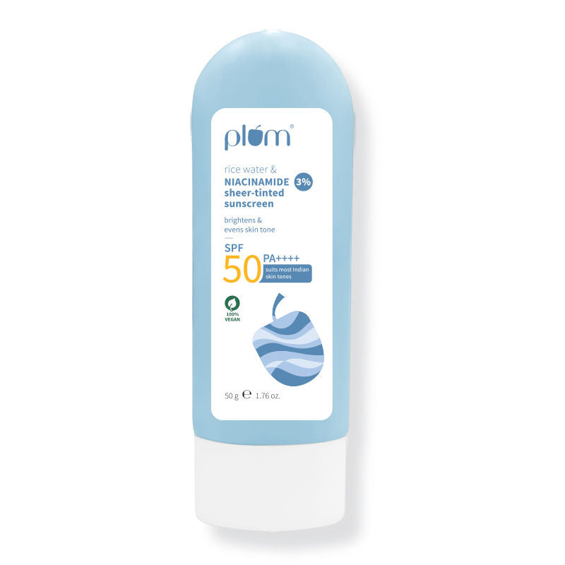 Plum Rice Water & 3% Niacinamide Sheer Tinted Sunscreen With SPF 50 PA++++, For Oily ToDrySkin