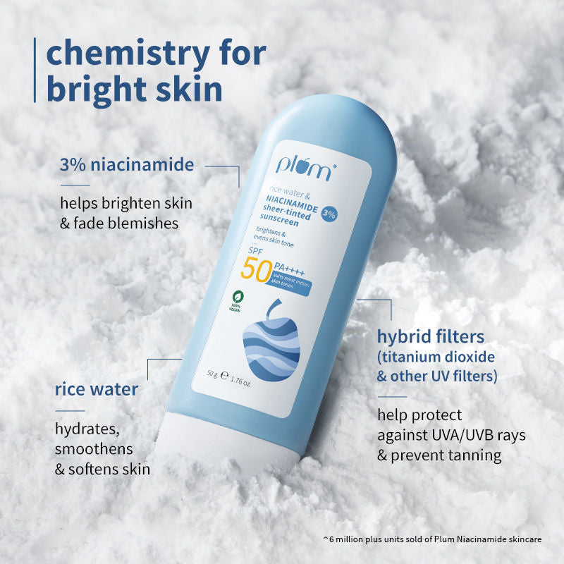 Plum Rice Water & 3% Niacinamide Sheer Tinted Sunscreen With SPF 50 PA++++, For Oily ToDrySkin