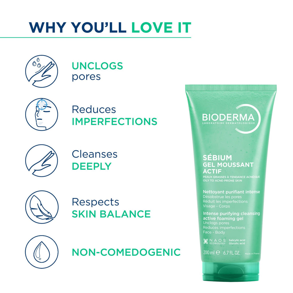 Bioderma Sebium Gel Moussant Actif Cleanser with Salicylic & Glycolic Acid for Acne Prone, Oily Skin