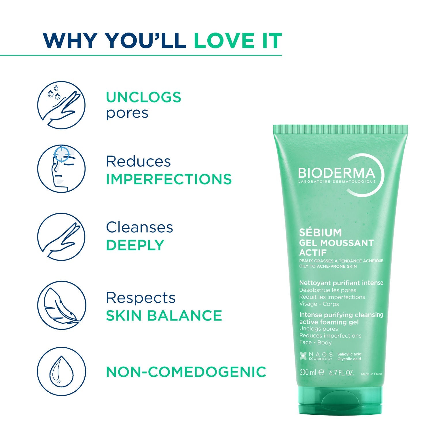 Bioderma Sebium Gel Moussant Actif Cleanser with Salicylic & Glycolic Acid for Acne Prone, Oily Skin