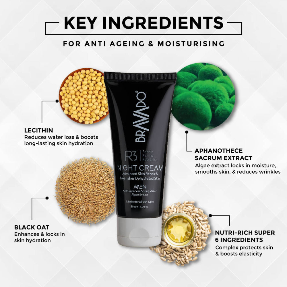 Bravado R3 Repair Renew Replenish Night Cream, Repair Tired, Dull Skin, Anti-Ageing, Moisturizing