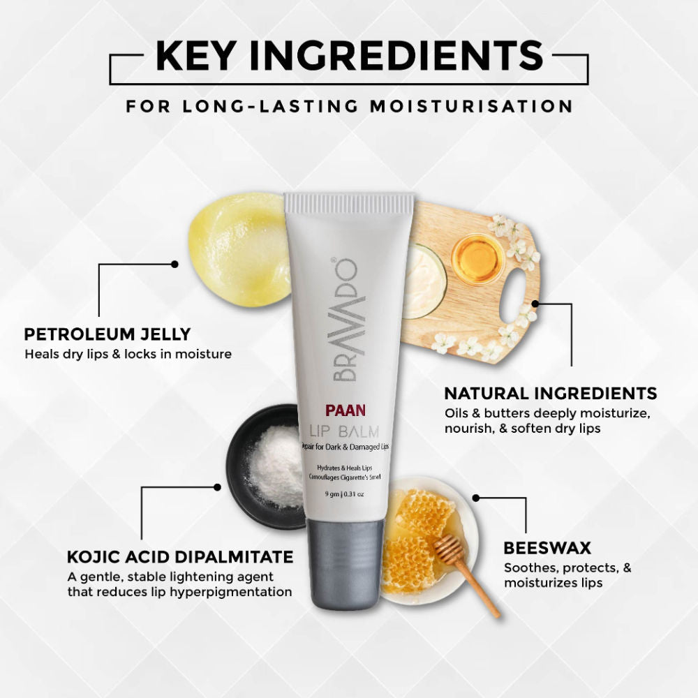 Bravado Lip Balm Paan, Heals Dry,Cracked Lips, Lightens Dark Lips, No Tint, No Gloss, Moisturizing