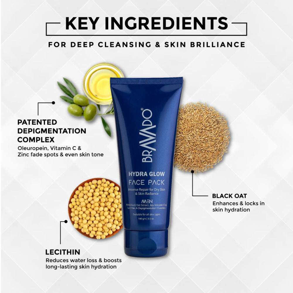BRAVADO Hydra Glow Face Pack for Men, Dry Skin Repair & De-Tan Clay Mask