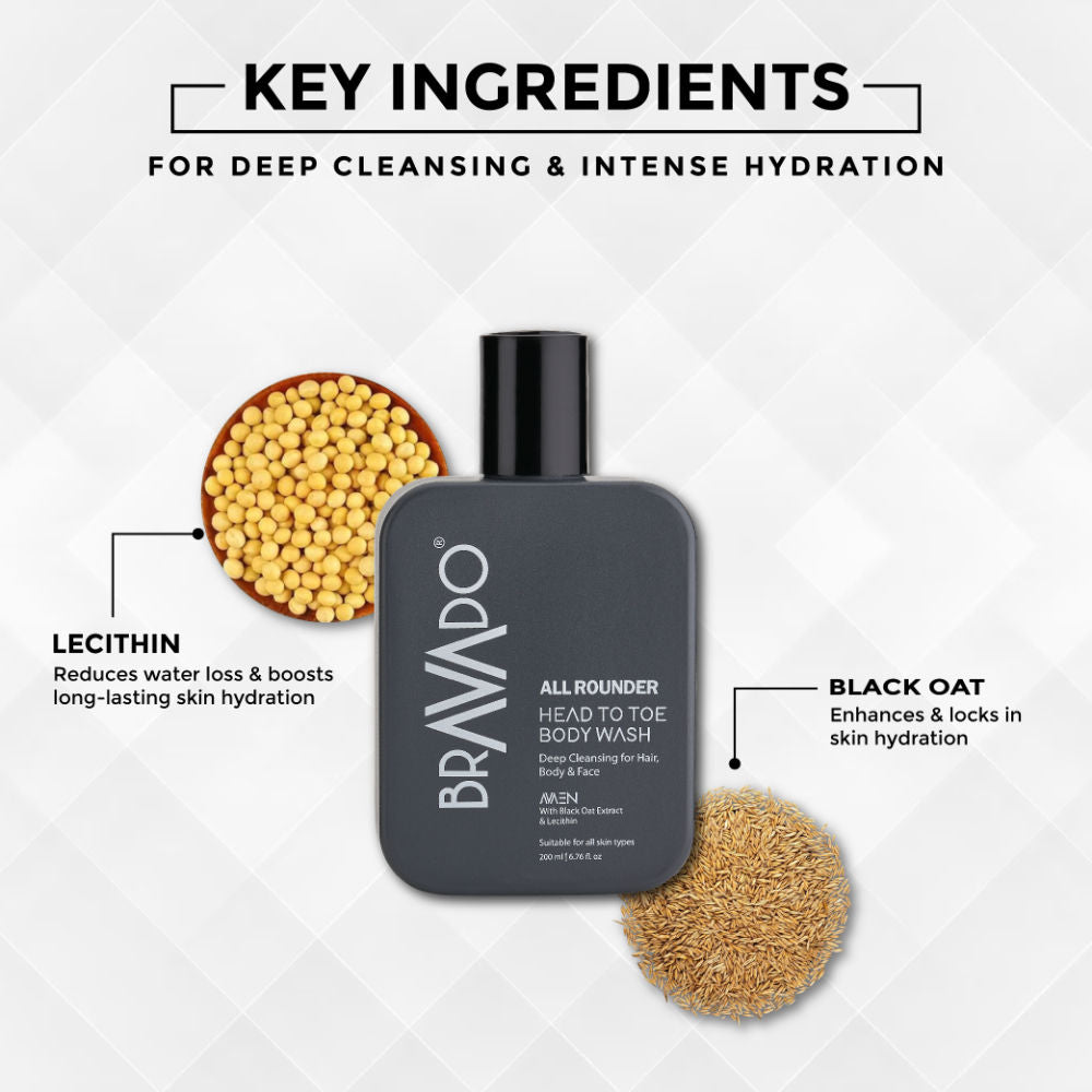 Bravado All Rounder Head to Toe Body Wash, Intense Hydration, 3-in-1 Deep Cleanser Body, Face & Hair