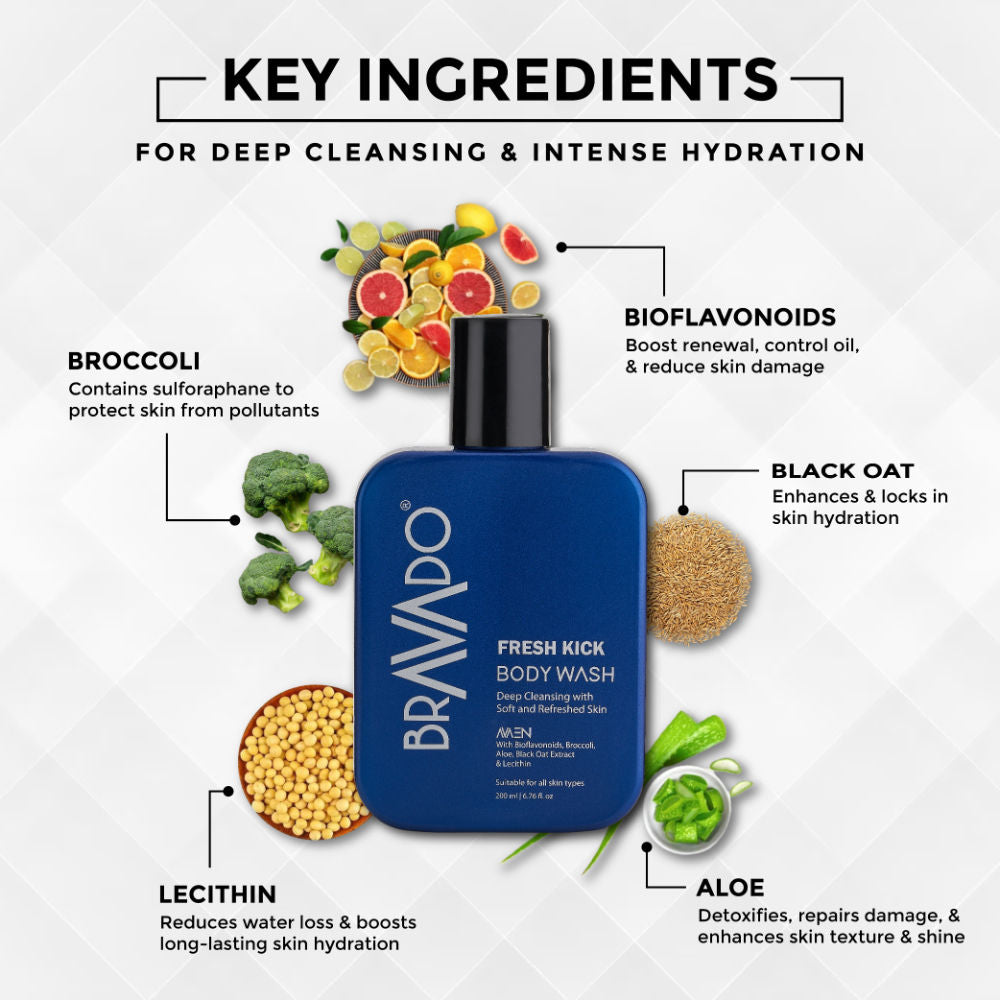 Bravado Fresh Kick Body Wash, Deep Clean, Intense Hydration, Moisturizes Normal, Dry & Rough Skin