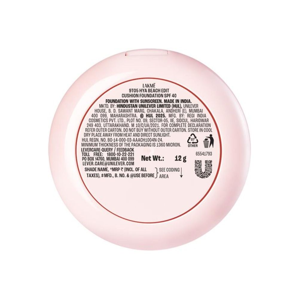 Lakme 9to5 Hya Beach Edit Cushion Foundation, SPF 40, Hydrating Matte, C 100