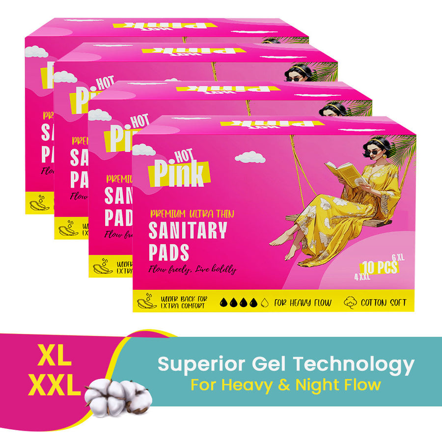 PINQ POLKA Hot Pink Sanitary Pads XXL & XL Rash Free Heavy Flow Double Wings Protection