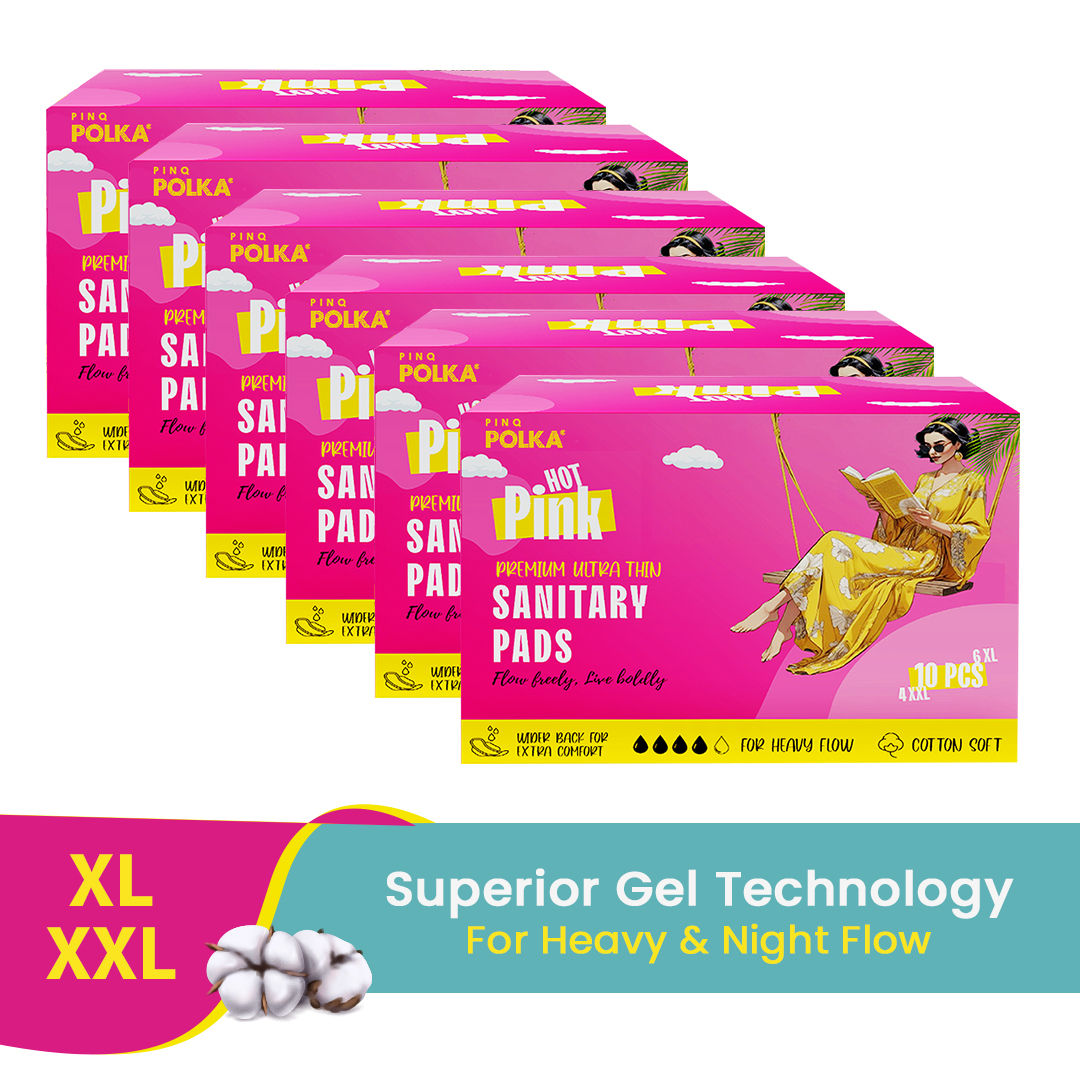 PINQ POLKA Hot Pink Sanitary Pads XXL & XL Rash Free Heavy Flow Double Wings Protection