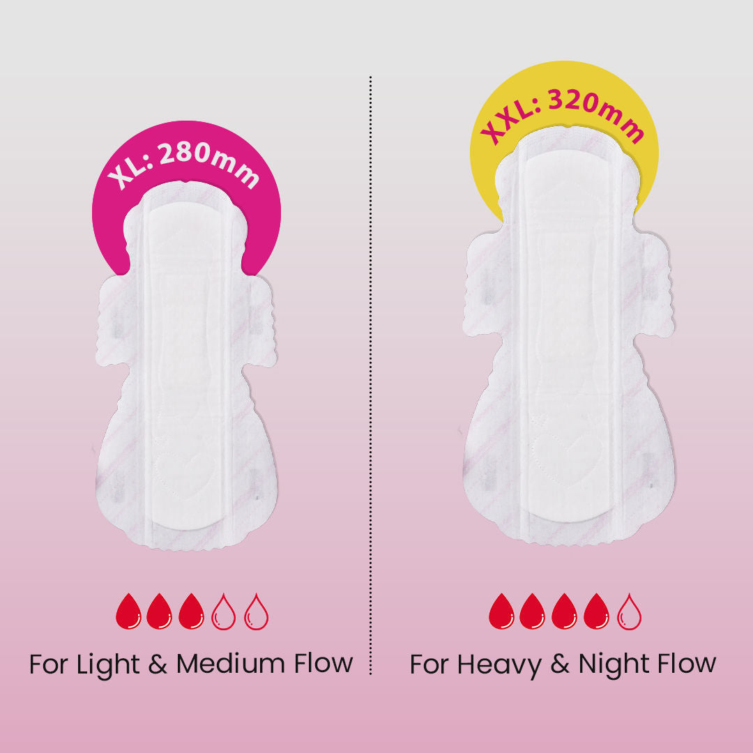 PINQ POLKA Hot Pink Sanitary Pads XXL & XL Rash Free Heavy Flow Double Wings Protection