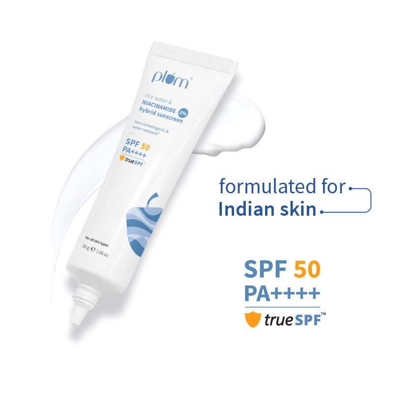 Plum 2% Niacinamide & Rice Water SPF 50 PA+++ Sunscreen, Fades Tan, For Oily To Dry Skin Type