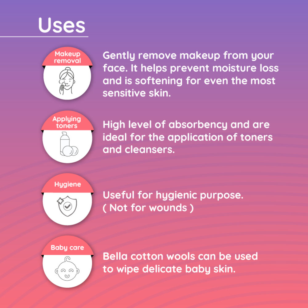 Bella Cotton Wool, 100% Cotton, Highly Absorbent, Makeup Remover - Pack of 1