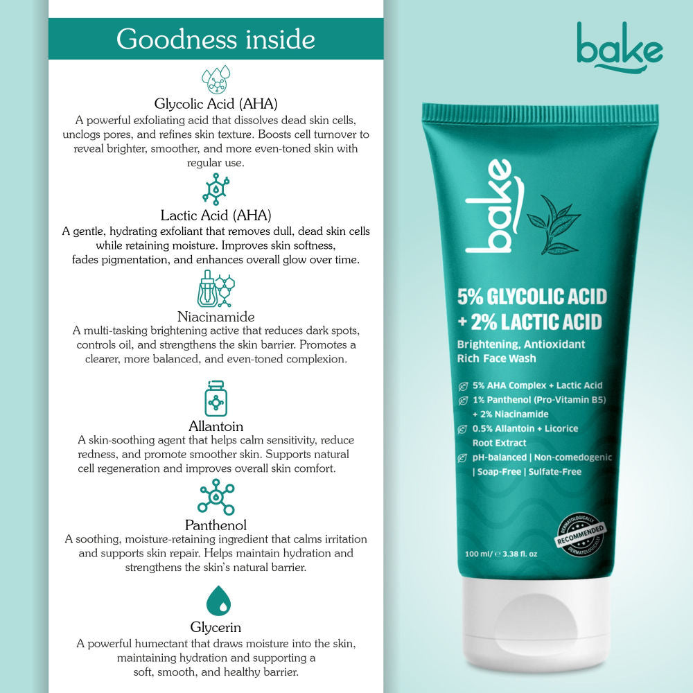 Bake 5% Glycolic Acid + 2% Lactic Acid Daily Face Wash For Pigmentation & Glowing Skin