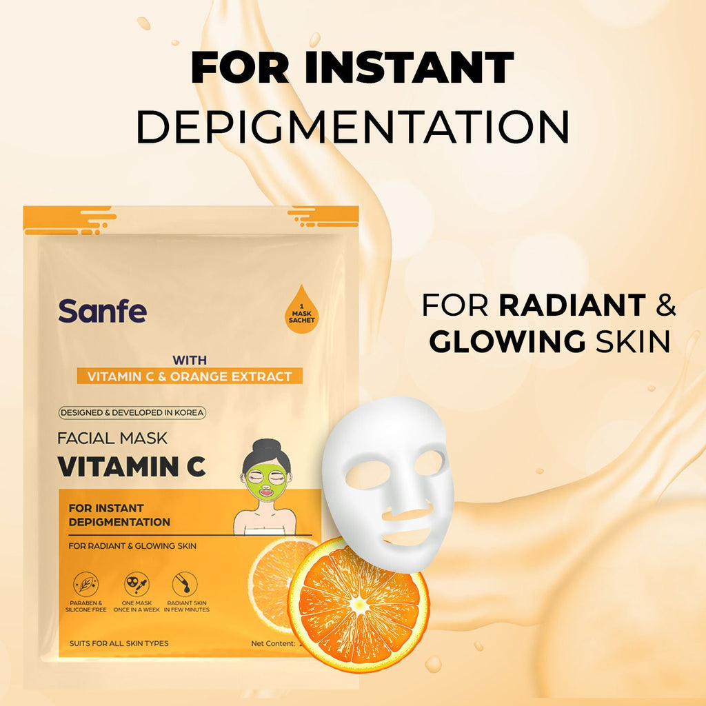 Sanfe Vitamin C Face Sheet Mask, Korean Skincare For Instant Glow, Hydration & Brightening