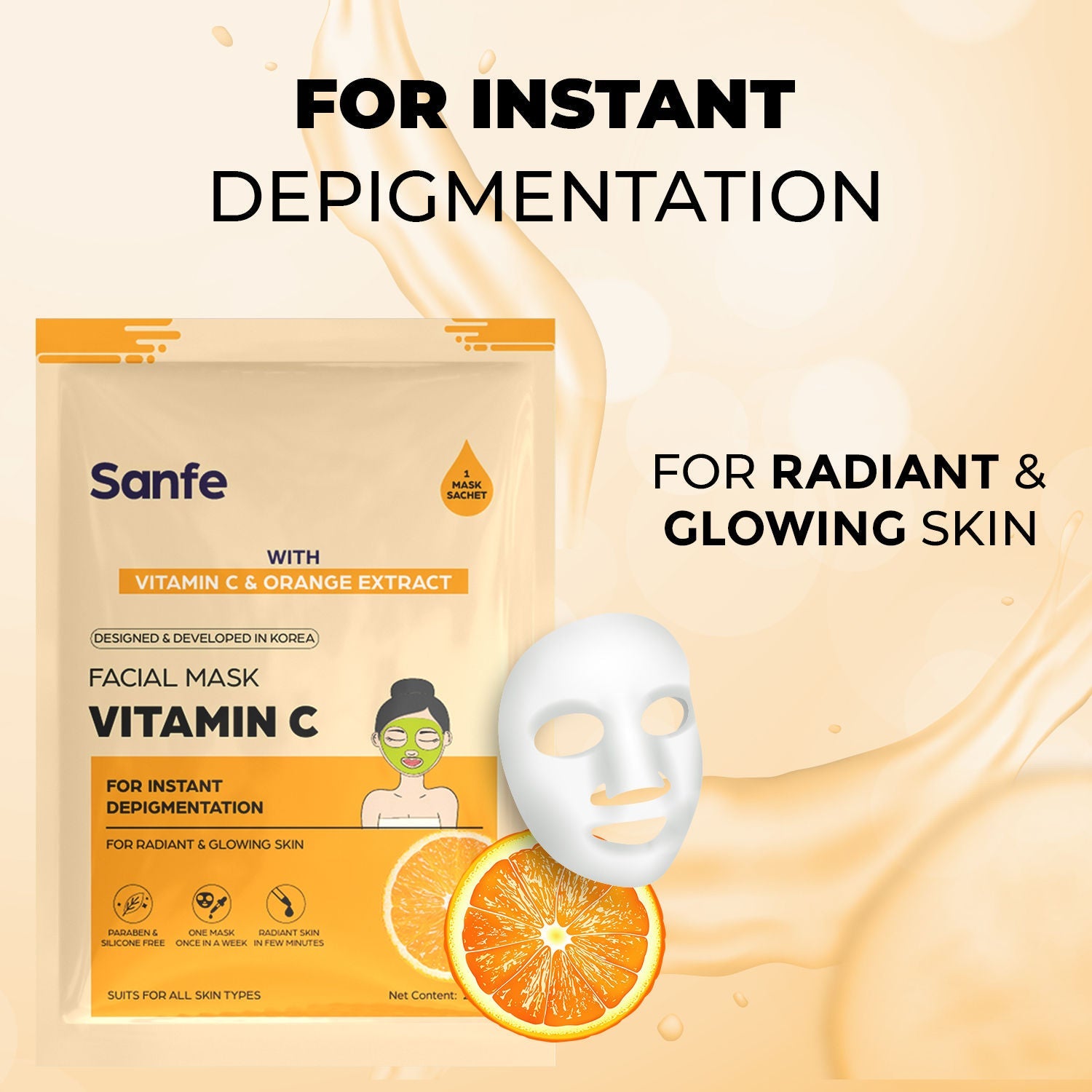Sanfe Vitamin C Face Sheet Mask, Korean Skincare For Instant Glow, Hydration & Brightening