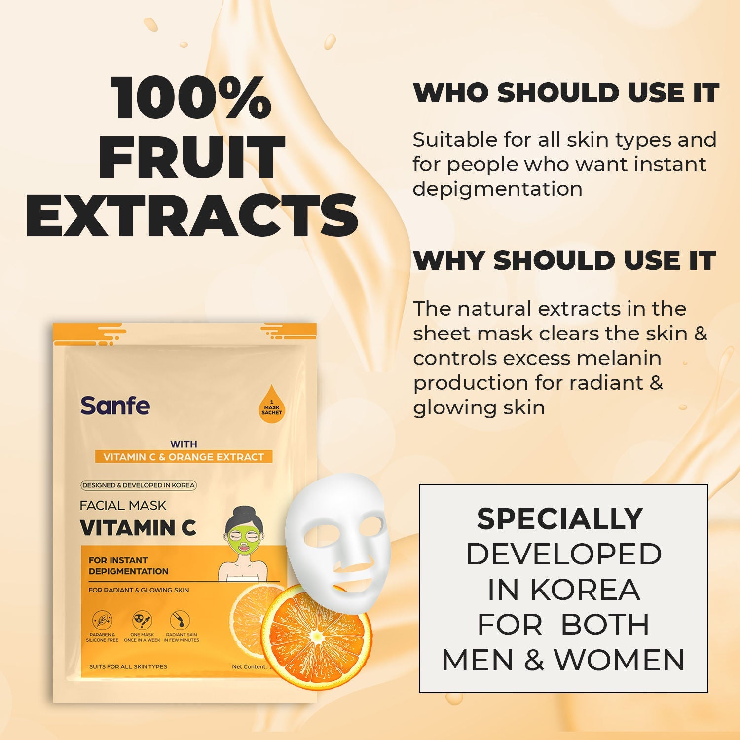 Sanfe Vitamin C Face Sheet Mask, Korean Skincare For Instant Glow, Hydration & Brightening