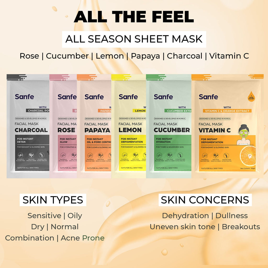 Sanfe Vitamin C Face Sheet Mask, Korean Skincare For Instant Glow, Hydration & Brightening