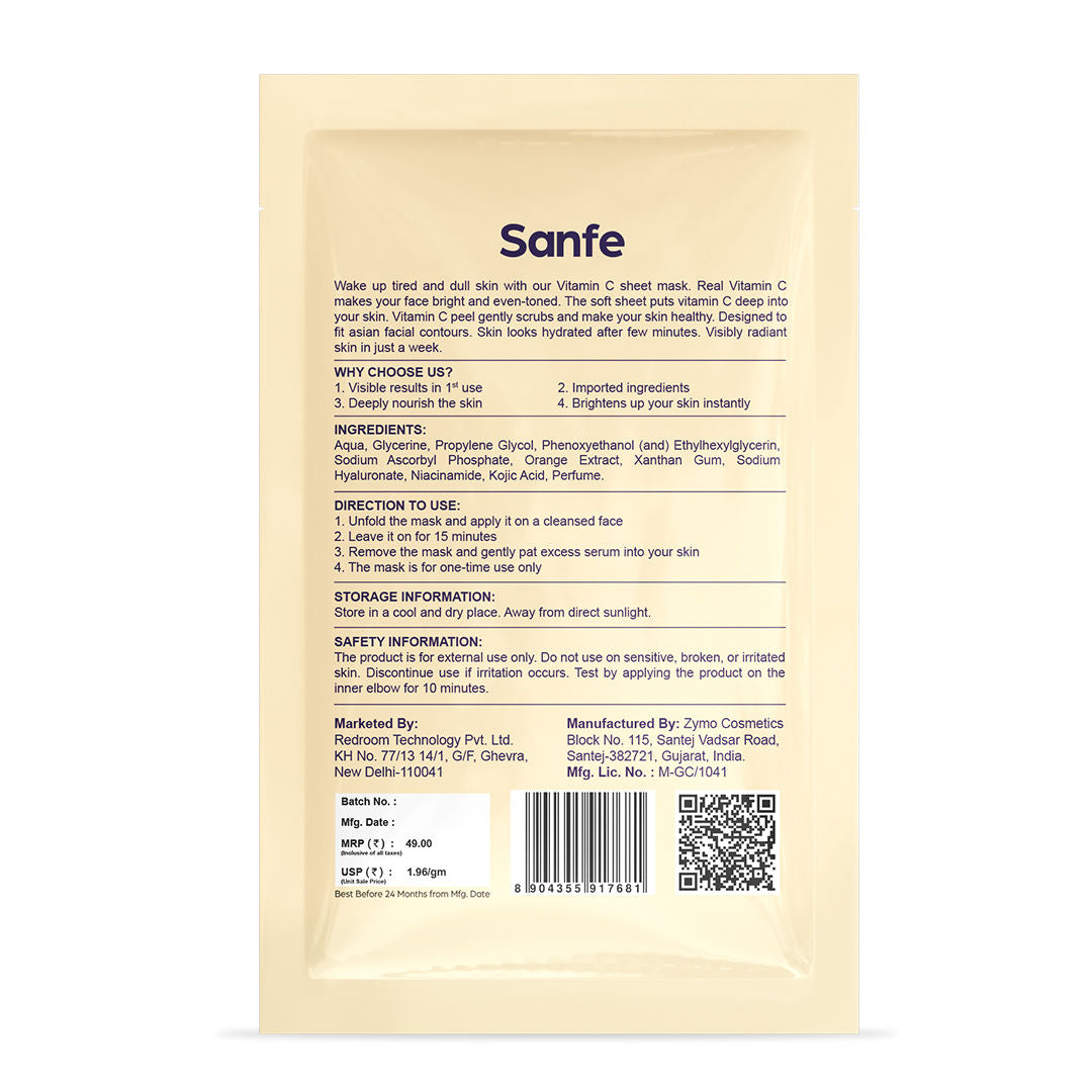 Sanfe Vitamin C Face Sheet Mask, Korean Skincare For Instant Glow, Hydration & Brightening