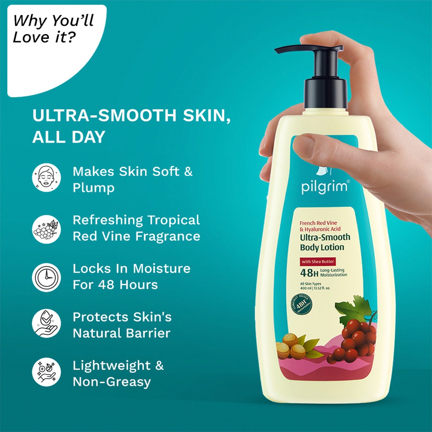 Pilgrim French Red Vine & Hyaluronic Acid Ultra-Smooth Body Lotion