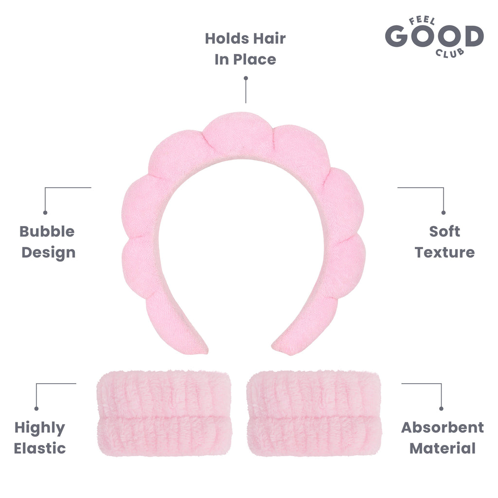 Feel Good Club Pink Bubble Headband & Wristbands - Set For Face Wash Skincare Makeup And Spa