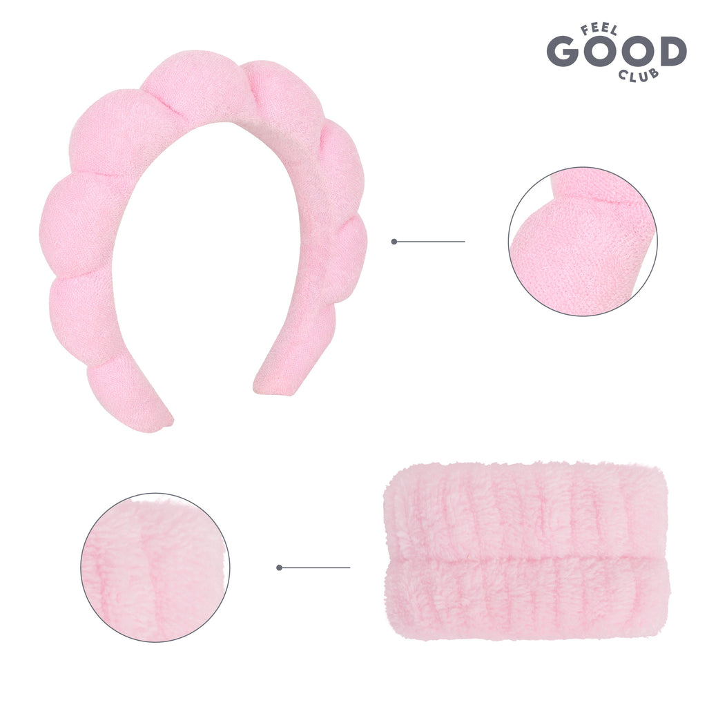 Feel Good Club Pink Bubble Headband & Wristbands - Set For Face Wash Skincare Makeup And Spa