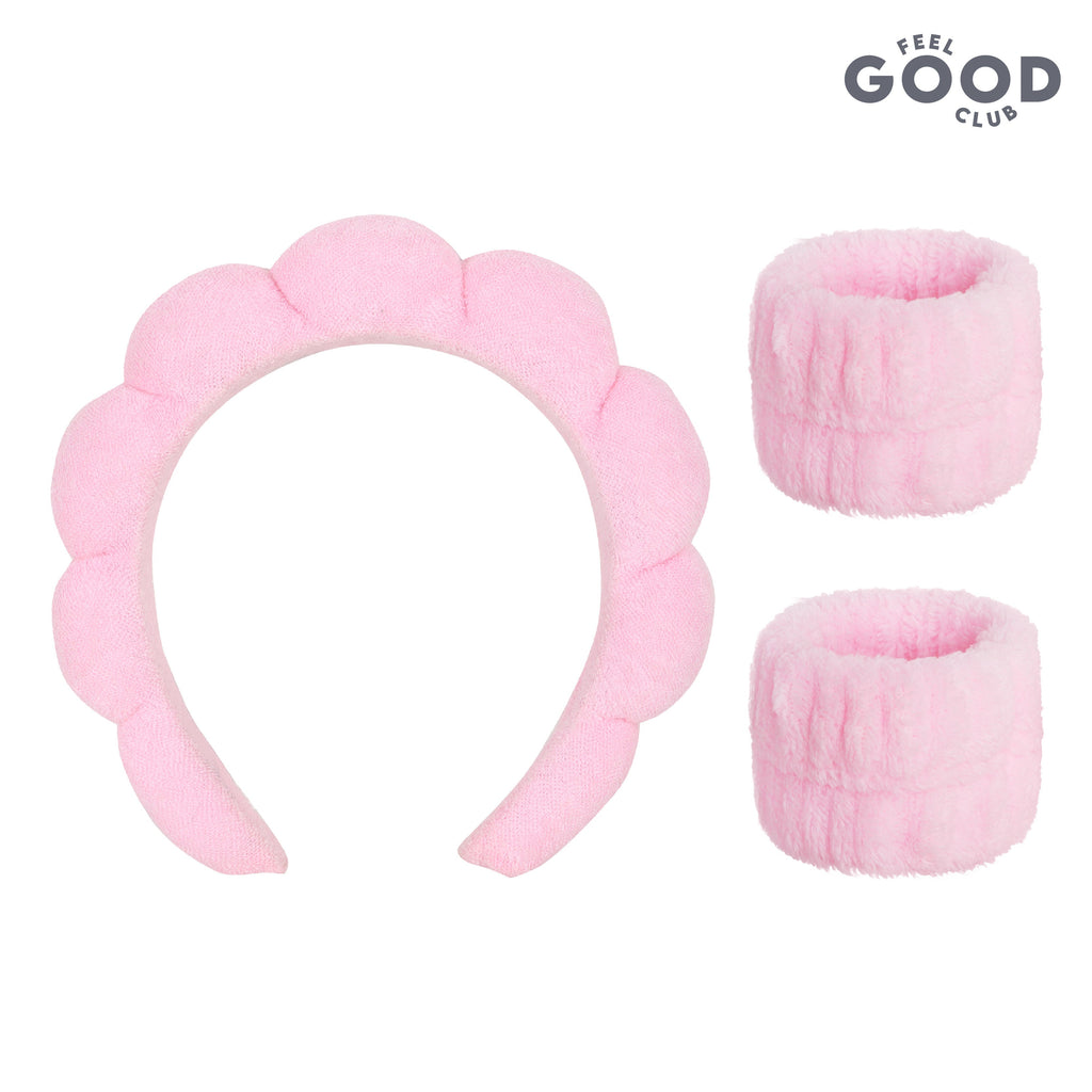 Feel Good Club Pink Bubble Headband & Wristbands - Set For Face Wash Skincare Makeup And Spa