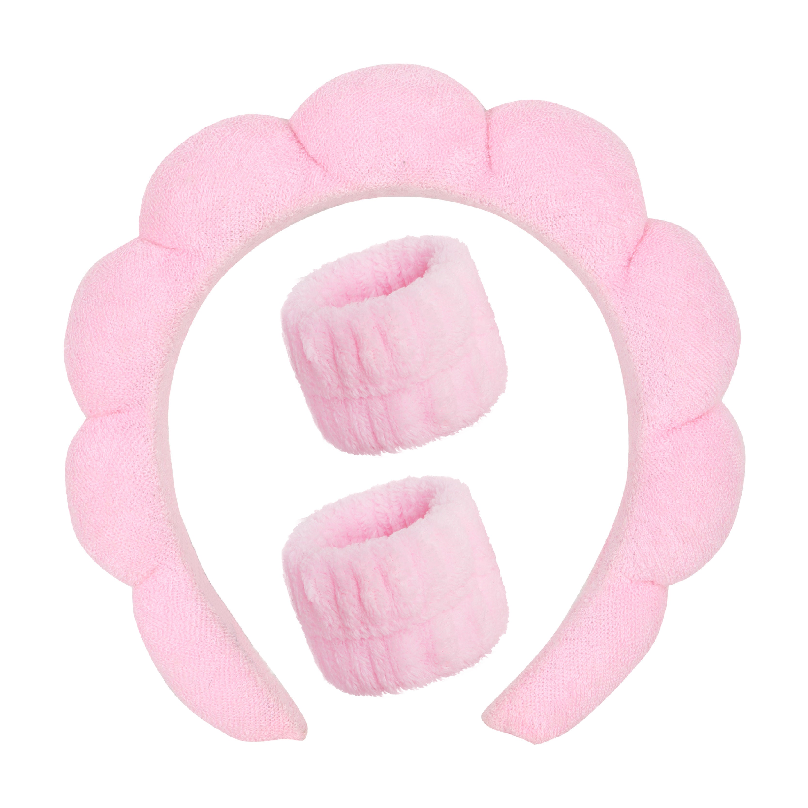 Feel Good Club Pink Bubble Headband & Wristbands - Set For Face Wash Skincare Makeup And Spa