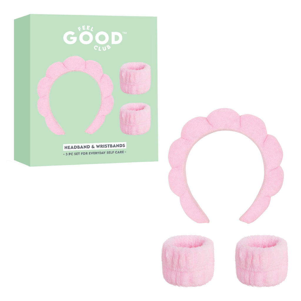 Feel Good Club Pink Bubble Headband & Wristbands - Set For Face Wash Skincare Makeup And Spa