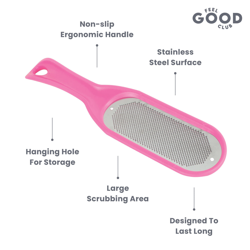Feel Good Club Stainless Steel Foot File Scrubber Pink Brush For Skin Exfoliation Care & Pedicure