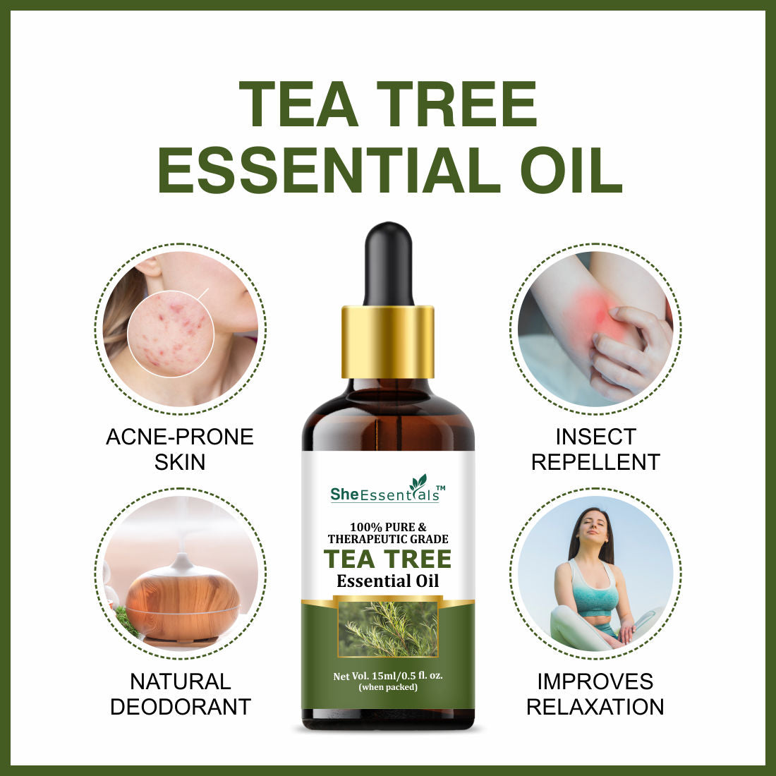 She Essentials Tea Tree Essential Oil For Active Acne & Pimples, Blemishes & Flakes, Organic & Pure