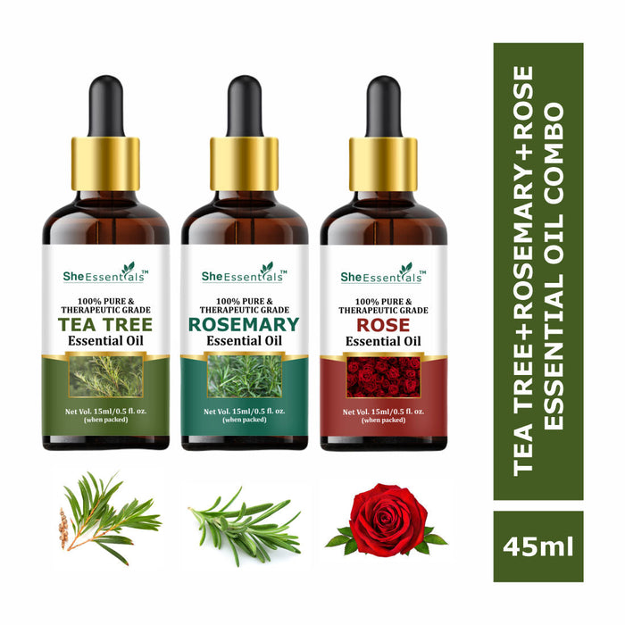 She Essentials Rosemary, Rose & Tea Tree Essential Oil For Hair Growth, Acne, Skincare & Haircare