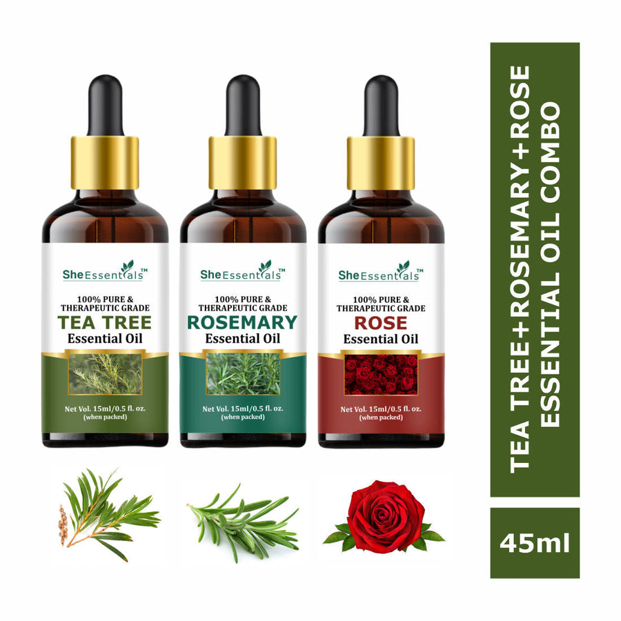 She Essentials Rosemary, Rose & Tea Tree Essential Oil For Hair Growth, Acne, Skincare & Haircare