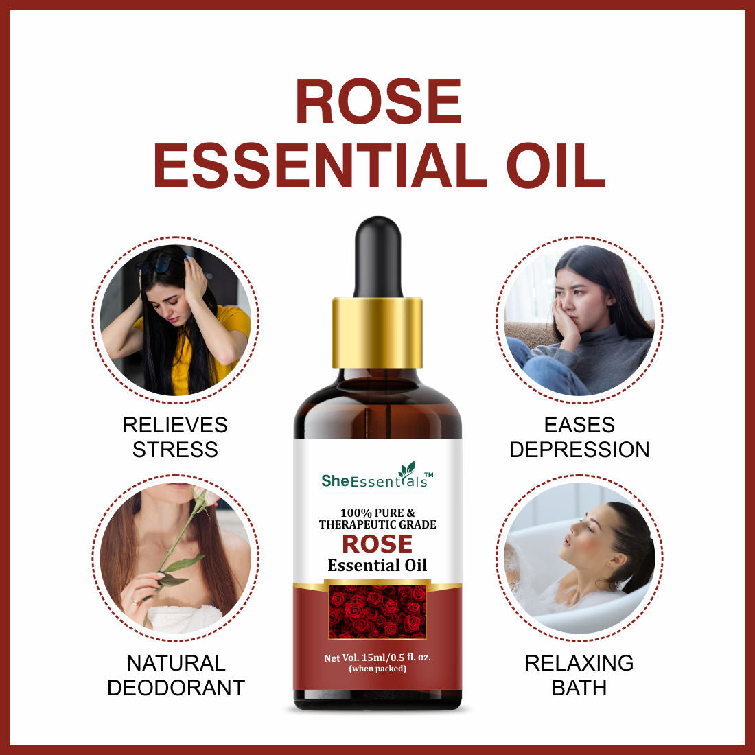 She Essentials Rosemary, Rose & Tea Tree Essential Oil For Hair Growth, Acne, Skincare & Haircare