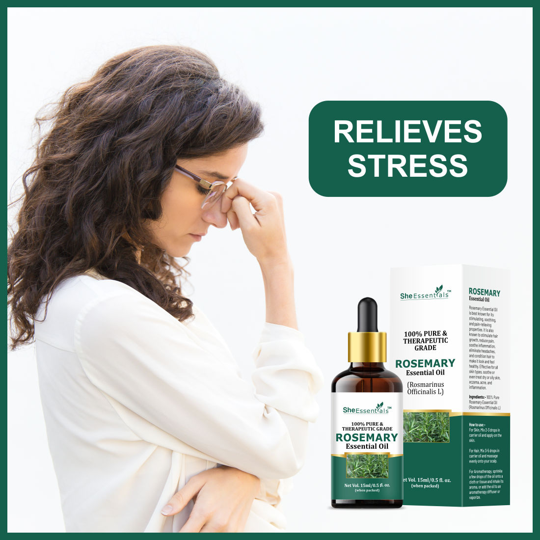 She Essentials Rosemary, Rose & Tea Tree Essential Oil For Hair Growth, Acne, Skincare & Haircare